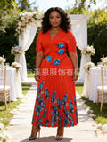 French V-Neck Pleated Printed Crystal Long Skirt + Top 2-Piece Set