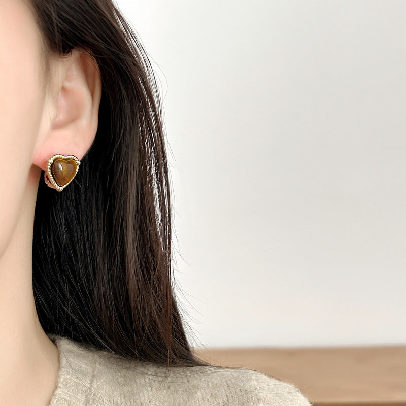 Vintage Tiger's Eye Heart Clip-On Earrings - view 4
