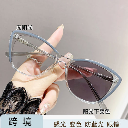Prescription Light-Changing Blue-Light Glasses Premium Bare Face Trendy Overseas Plano Fashionable Cat-Eye Frame Prescription Sunglasses