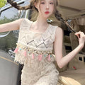 Women's Ethnic Trendy High Waist Hollow-Out Fringe Vest + Tank Top + Skirt 2-Piece Se - Two-Piece Set