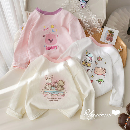 Girls' Cartoon Print Contrast Long Sleeve T-Shirt