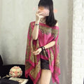Women's Summer Ethnic Retro Chiffon Printed Lightweight Sun-Protection Top + Shawl + - Black