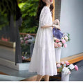 White Cotton Embroidered Puff Sleeve Dress, French Sweet Style