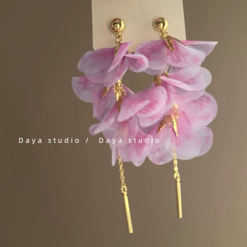 Pink Fabric Flower Tassel Earrings - view 11