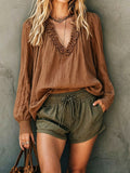 Casual Versatile Linen Cotton Long Sleeve V-Neck Ruffle Loose Shirt