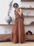Women's Summer Artistic Retro Ramie Embroidered Loose Straight Leg Wide Leg Pants + T - Tank