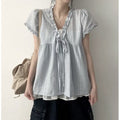 Korean Designer Short Sleeve Tie-Front Lace Trim Fake Two-Layer Shirt