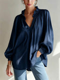 Casual Lantern Sleeve Long Sleeve V-Neck Ruffle Shirt