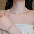 Korean Style Exquisite Simple Rhinestone Geometric Pearl Stud Earring Necklace Set Fashionable Clavicle Chain Light Luxury Premium Necklace