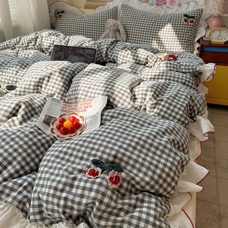 Cherry Check Washed Cotton 4-Piece Bedding Set – Colorful Soft Bed Linen - view 2