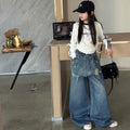 Girls' Striped Long Sleeve Tee & Denim Wide-Leg Pants Set