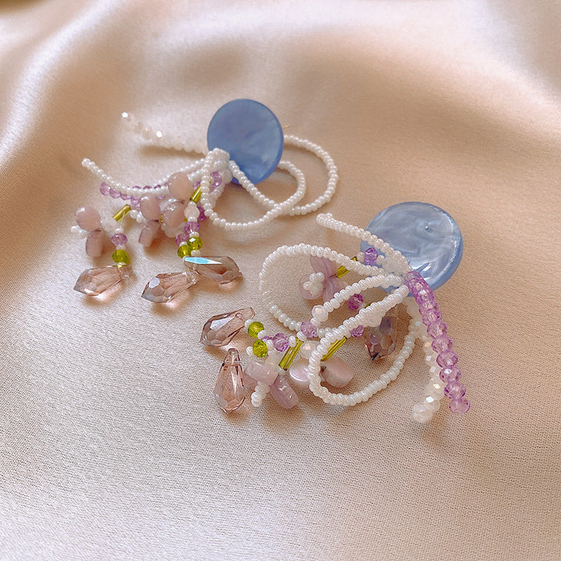 Floral Seed Bead Crystal Tassel Earrings - view 12