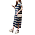 Cotton Embroidered Striped T-Shirt Dress, Loose Long Dress