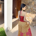 Women's Ethnic Jacquard Knit Tie-Front Color-Block Wide Leg Pants + Tank Top + Skirt - As Pictured