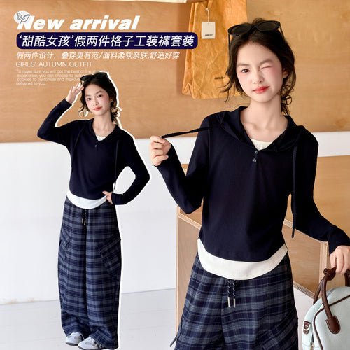 Girls' Faux Layered Hoodie & Plaid Cargo Pants Set