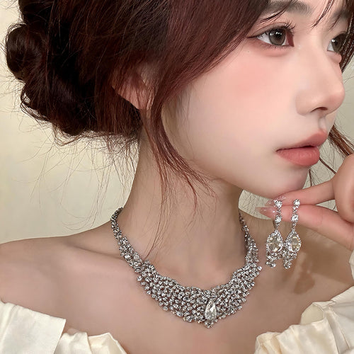 Ethiopia Fiber Profit Asia Heavy-Duty Full Diamond Teardrop Jewelry Set Wedding Banquet Luxury Necklace Light Luxury Niche Necklace Women