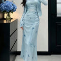 French Butterfly Print Mesh Fitted Long Dress