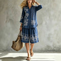 Women's Ethnic Casual Jacquard 3/4 Sleeve Loose Wide Leg Pants + Shirt 2-Piece Set 20 - Dark Blue