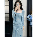 French Butterfly Print Mesh Fitted Long Dress