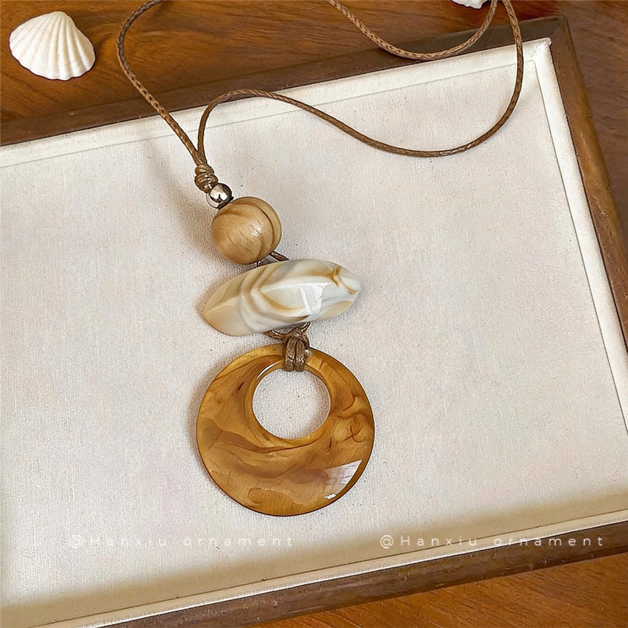 Chinese-Inspired Wooden Round Pendant Necklace - view 4