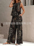 Women's Ethnic Sleeveless Slit Drapey Loose Wide Leg Pants + Tank Top 2-Piece Set 202 - 【LTA】◆1