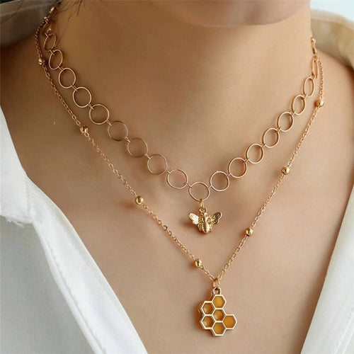 Western Fashionable Round Chain Net 3D Bee Pendant Collarbone Choker Fashionable Honeycomb Double-Layer Layered Necklace