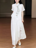 Summer New Chinese Plus Size Linen Cotton Embroidered Short Sleeve Drapey Wide Leg Pants + Shirt + Skirt Set
