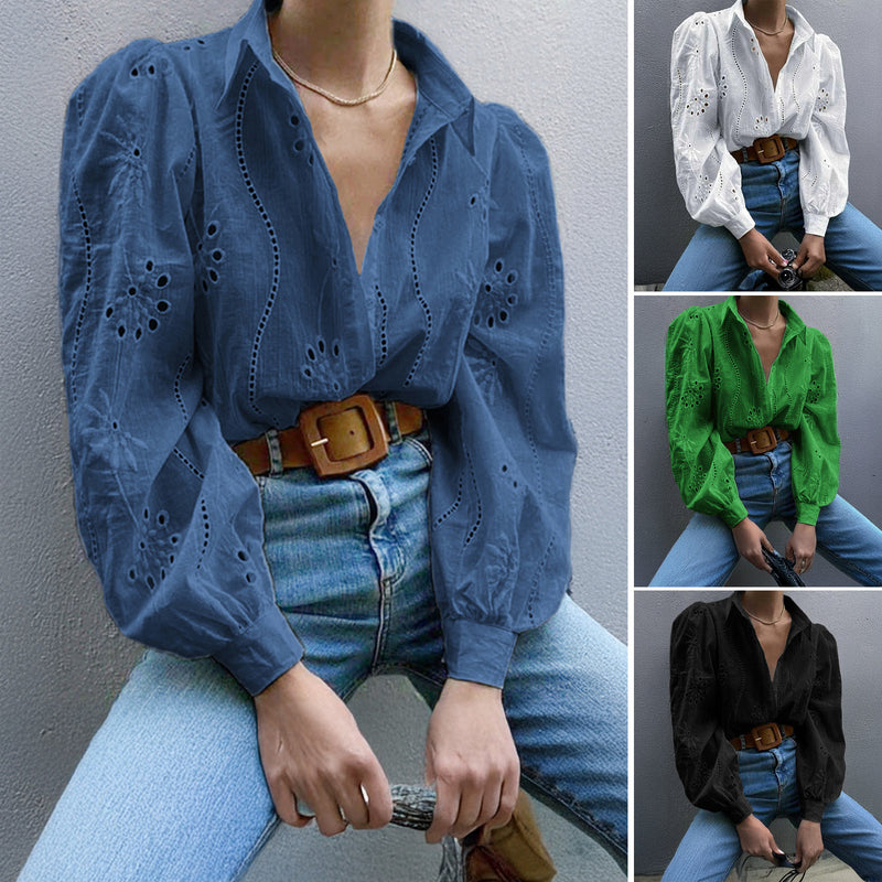 Women's Spring-Summer Casual Fashion Puff Sleeve Hollow-Out Loose Cardigan + Shirt 20 - White