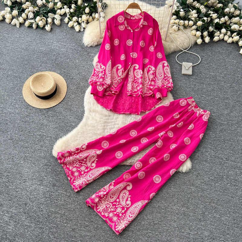 Women's Fall Ethnic Chic Puff Sleeve Printed Fitted Wide Leg Pants 2-Piece Set 2026 - Red