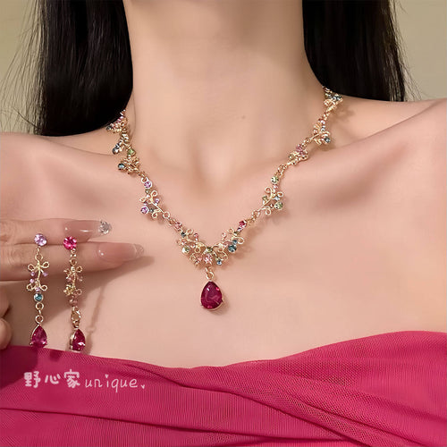 Princess Overture Super Glitter Crystal Teardrop Necklace Set Light Luxury Niche Cubic Zirconia Clavicle Chain K Gold Feel Necklace