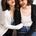 Women's Fall Artistic Fashion Knit Wool Long Sleeve V-Neck Loose Sweater + Cardigan + - Blue
