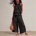 Women's Summer Casual Linen Cotton Sleeveless Ruffle Wide Leg Pants 2-Piece Set 2026 - Red