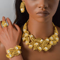 Dubai Gold Western Fashionable Africa Jewelry Necklace Bracelet Set Earrings Ring Cutout Leaves Wedding Banquet Set