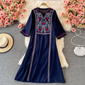 Women's Fall Ethnic Vacation Embroidered V-Neck Waist-Tie Swing Dress + Long Skirt + - Yellow
