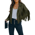 Women's Fall-Winter Lapel Collar Fringe Fitted Cropped Jacket 2026 - Green