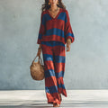 Vacation Retro Knit High Waist Striped Textured Color-Block Top 2-Piece Set