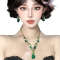 Western Statement Necklace Earrings Set Women Green Gem Clavicle Chain Premium Gown Banquet Choker Light Luxury Necklace