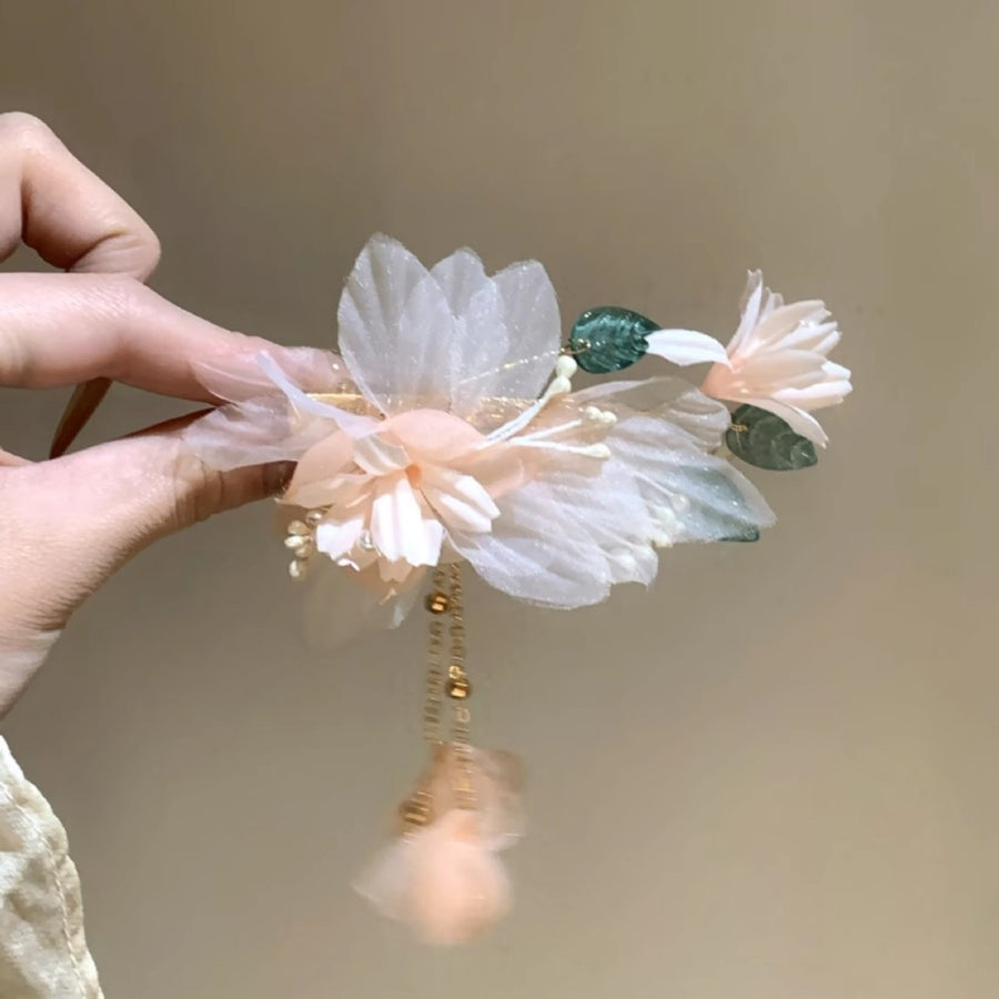 Fabric Pearl Flower Leaf Tassel Hair Clip - view 2