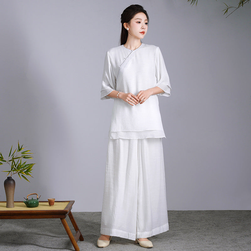 Women's Chinese Ethnic Linen Cotton Top Set 2026 | Casual Blouse - White Top