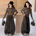 Girls' Striped Sweater Jacket Wide-Leg Pants Set