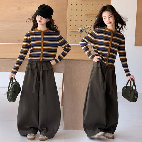 Girls' Striped Sweater Jacket Wide-Leg Pants Set