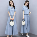 Women's Summer Slimming Linen Cotton Short Sleeve Dress + Skirt + Long Skirt 2-Piece - Light Blue