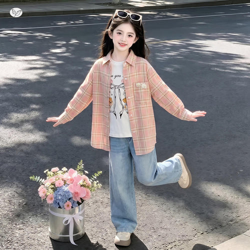 Girls' Plaid Long Sleeve Shirt - Casual Fall Layer