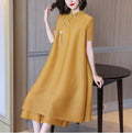 Women's Summer Ethnic Elegant Plus Size Frog Button Pleated Dress 2-Piece Set 2026 - Yellow