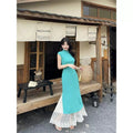 Women's Summer New Chinese Retro Lace Patchwork Qipao Dress + Dress + Long Skirt 2-Pi - Turquoise