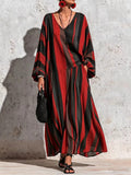 Fall Long Sleeve V-Neck Striped Printed Wide Leg Pants + Top 2-Piece Set