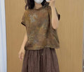 Summer Korean Artistic Ramie Mini Flutter Sleeve Stand Collar Printed Loose Shirt