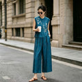 Women's New Chinese Old Money Jacquard Mesh Sleeveless Heavy Elastic Wide Leg Pants + - Blue