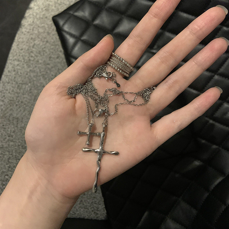 Silver-Tone Metal Cross Layered Necklace - view 2