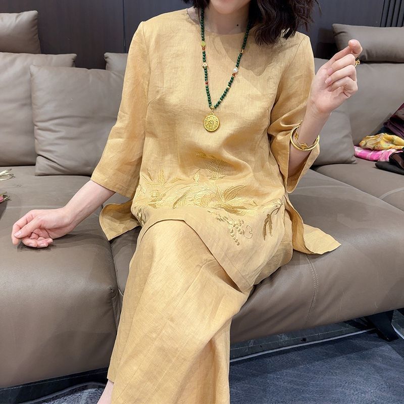 Summer New Chinese Embroidered 3/4 Sleeve Heavy Wide Leg Pants + Top 2-Piece Set